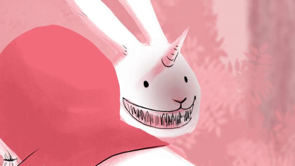 the red riding hood in a pink hoody hugging a bunny