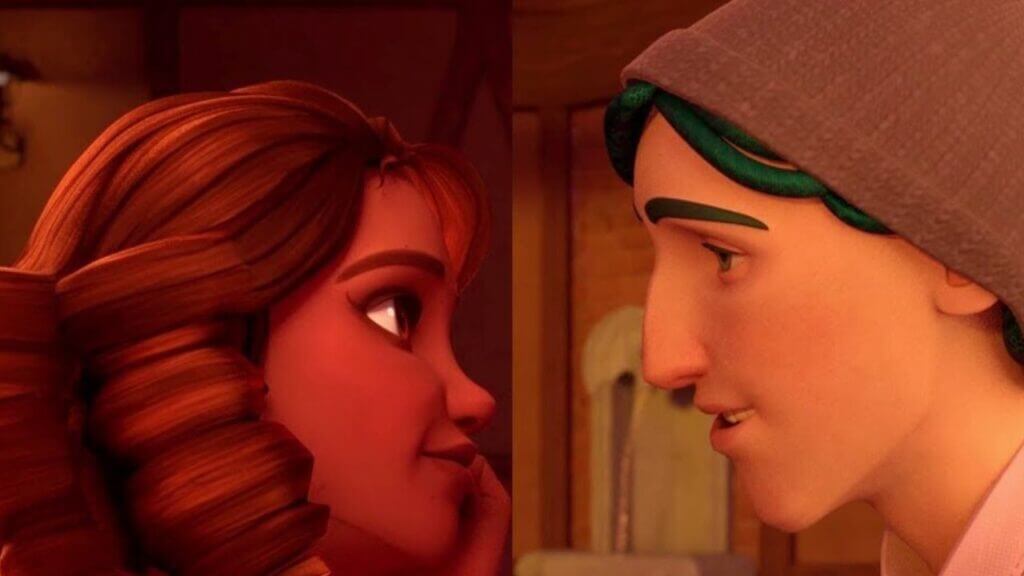 a guy with green hair and a beanie looking at a girl with brown hair
